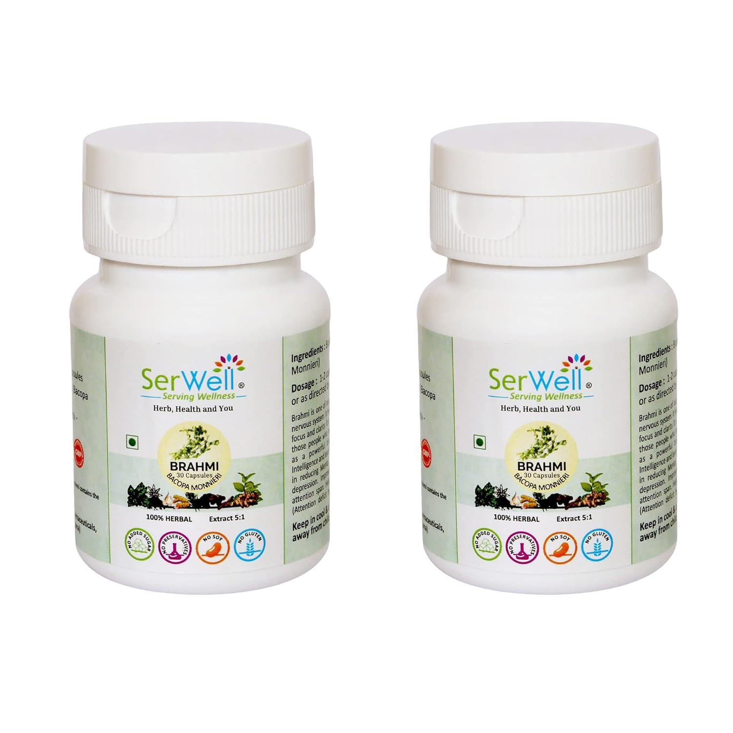Serwell 100% Pure Herbal Brahmi Extract 5:1 500mg, Best Ingridient For Brain Health | 30 Vegetarian Capsules 50gm 0.1lbs Each Pack Of 2
