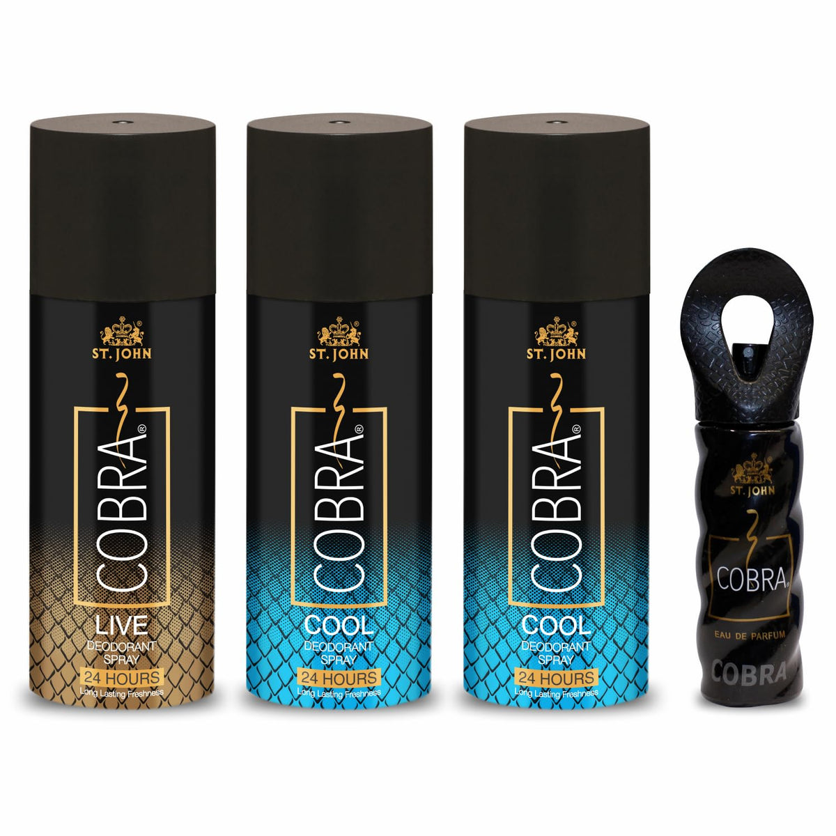 St. john Cobra Live + Cool + Cool Deodorant Body Spray 450ml 15.2 Fl.oz. & Cobra Eau De Perfume 15ml 0.5 Fl.oz. | Perfect Gift Set For Men & Women