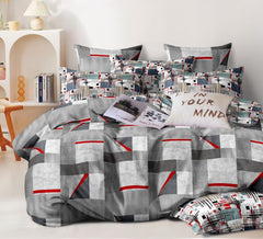 Soft Cotton Super King Size Bedsheet With 2 Large Size Pillow Covers - 108 X 108 Inches, Grey & Red | 240 Thread Count Suitable For All Seasons & Easy To Wash
