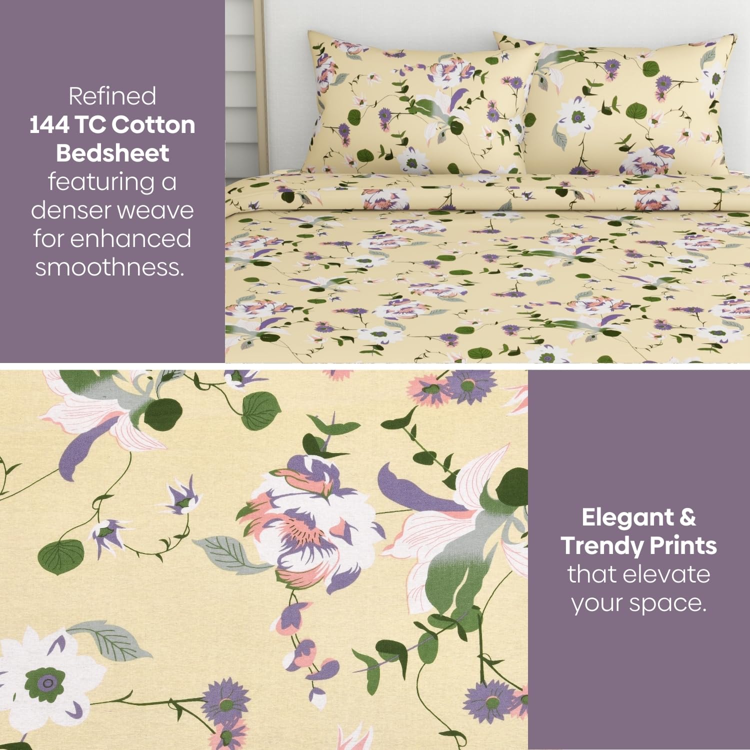 King Size Pure Cotton Floral Sheet With 2 Pillow Covers | 108 X 108 Inches, Yellow & Green | Perfect For Gifting On Weddings, Housewarmings, Or Anniversaries
