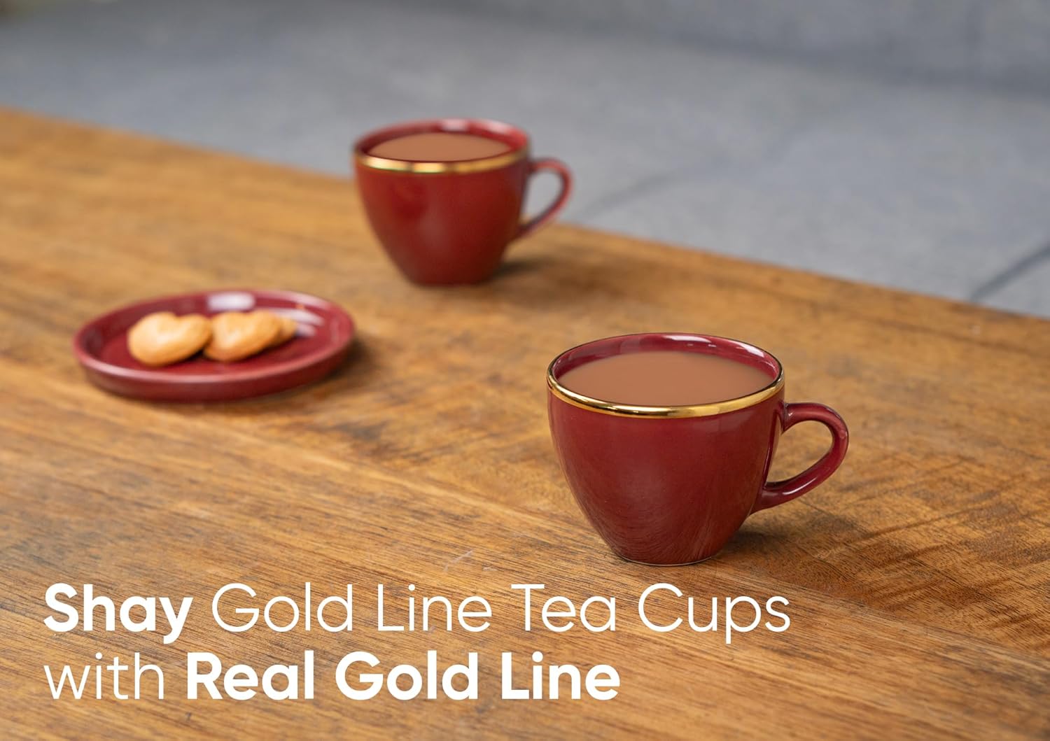Real Gold Line Ceramic Tea Cups Set Of 6 - Burgundy Gold Line, 200ml Each | Tea Cup Set Of 6 - Premium Ceramic Tea Set With Glossy Finish | Ceramic Tea Cup