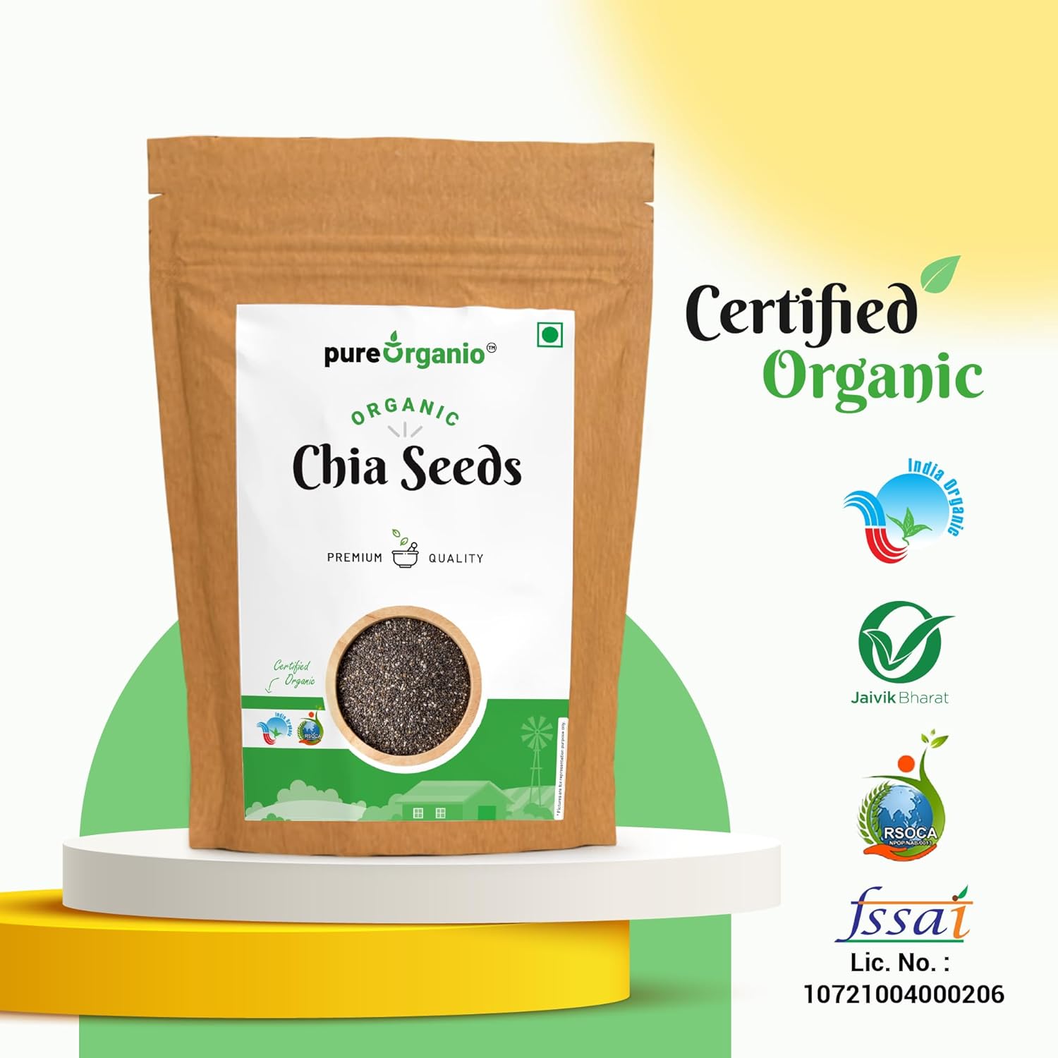 Pure Organio Organic Chia Seeds Npop Indian Organic Certified High Fiber Seeds For Eating, Rich In Omega - 3, Protein & Antioxidants, Sabja Seeds For Smoothies | 500gm 1.1lbs