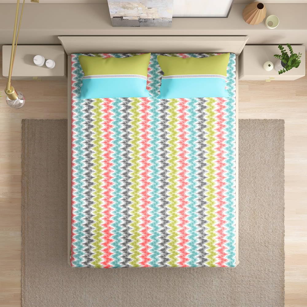1 Double Bedsheet With 2 Matching Pillow Covers 72 X 48 Inches, Multicolor | 200 Thread Count Durable & Long Lasting | All Around Elastic Fitted Sheet