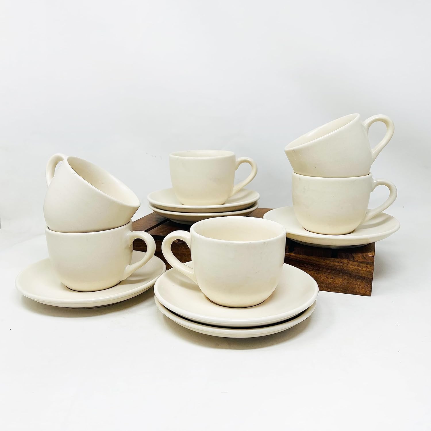 Subhra Ceramic Cups & Saucers Set Of 6 | White Matte Finish Tea Cup Set Of 6 Cups + 6 Saucers For Tea, Coffee, Hot Drinks - 12 Pieces, 150ml, Microwave Safe
