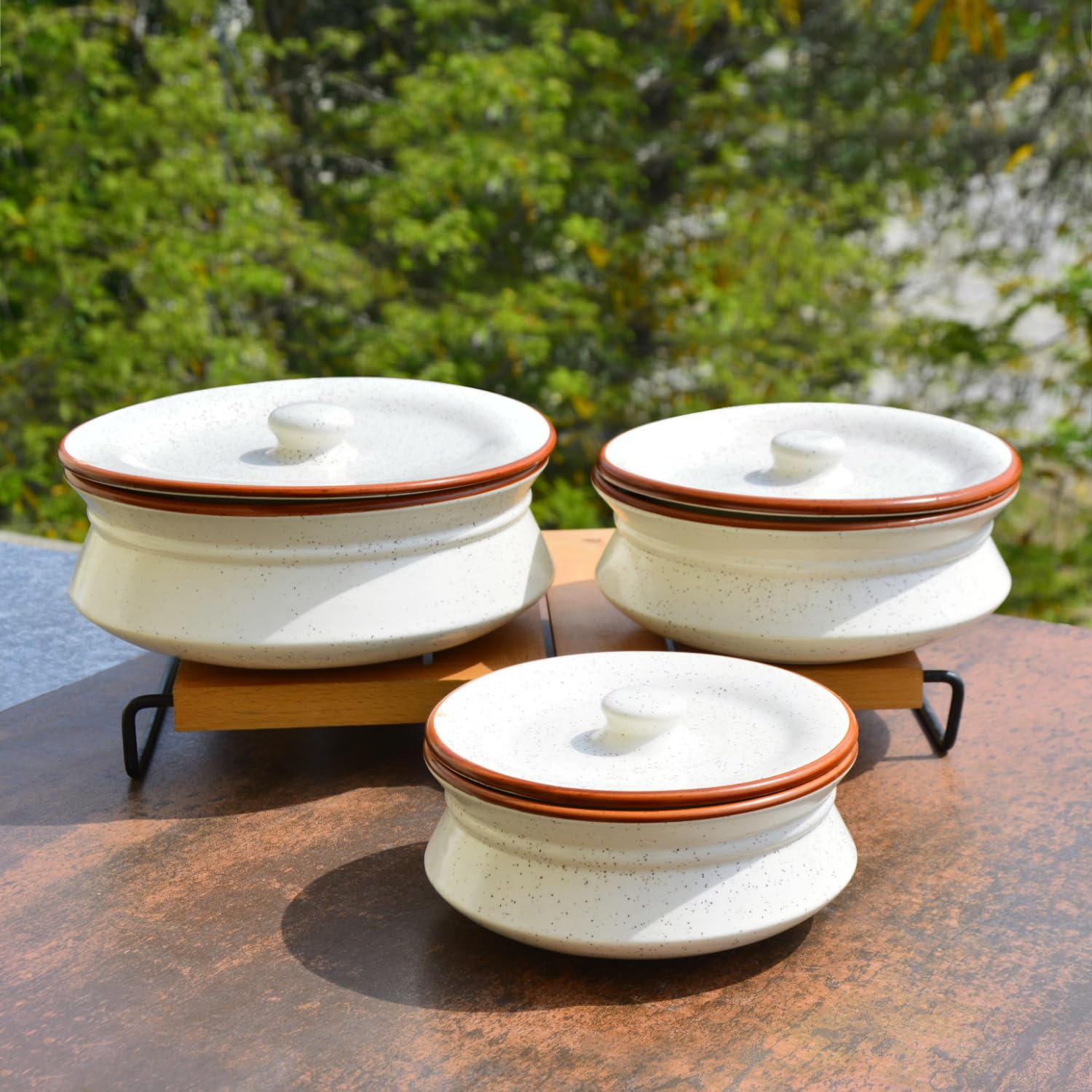 Hand Crafted Ceramic Handi With Lid Set Of 3 - 1500ml, 1000ml & 700ml, Off White | Dinner Serving Set - Serving Pots, Biryani Handis | Gift Pack