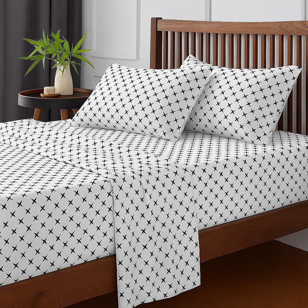 Ninja Star Double Bedsheet With 2 Pillow Covers - 90 X 100 Inches, White & Black | Soft, Breathable & Skin-Friendly Bedding For Daily Use