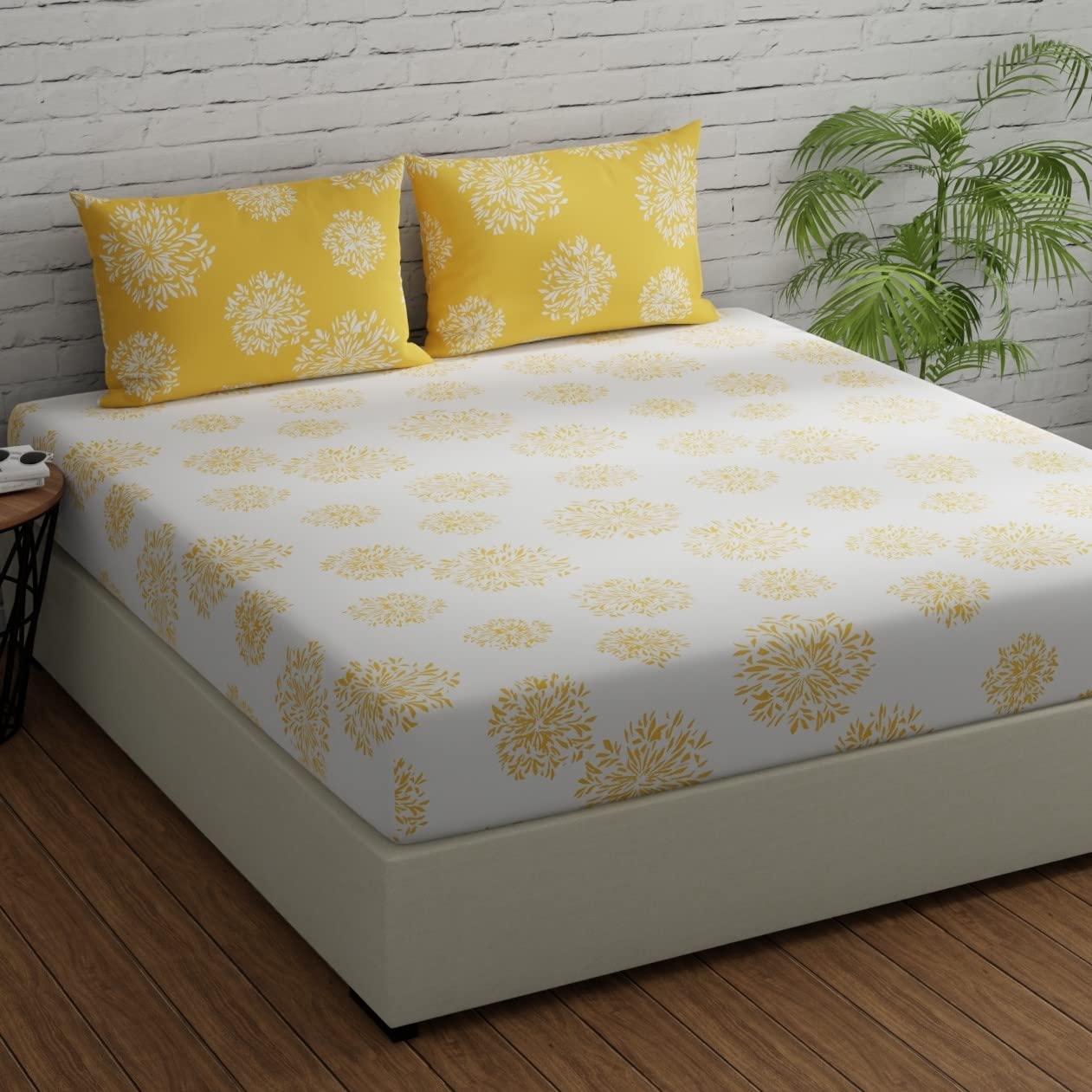 Flat Bedsheet For Double Bed With 2 Pillow Covers - 88 X 96 Inches, White & Yellow | Comfort Fabric Bedsheet Home, Hotel & Guest House