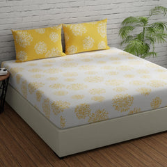 Flat Bedsheet For Double Bed With 2 Pillow Covers - 88 X 96 Inches, White & Yellow | Comfort Fabric Bedsheet Home, Hotel & Guest House