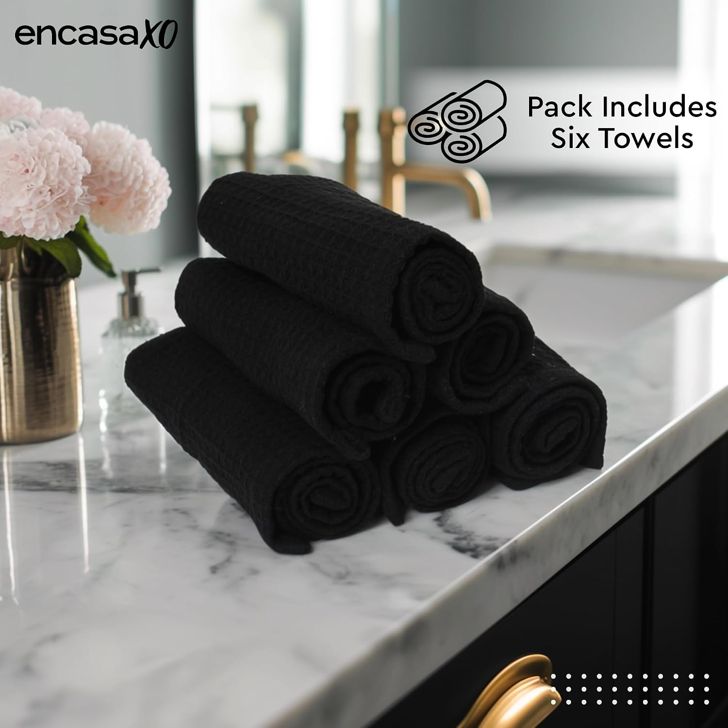 Encasa Xo Kitchen Hand Towels Set 150 Gsm | Waffle Weave & Flat Hand Towel | Quick Drying Reusable Cotton Washcloths | Set Of 6 (Black)