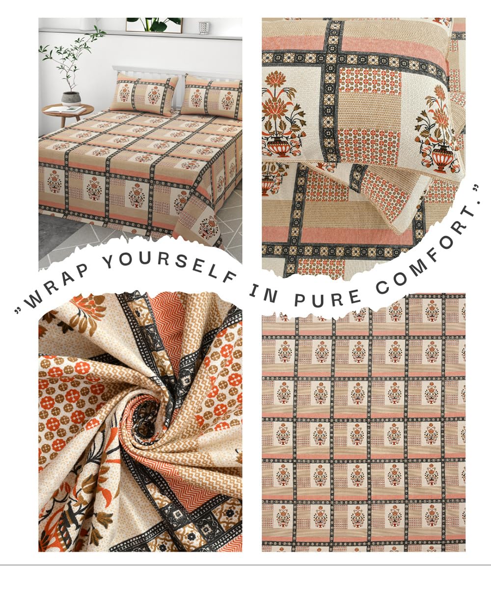 100% Pure Cotton Double Bedsheet With 2 Pillow Covers - 90 X 90 Inches, Orange & Beige | Soft, Breathable & Skin-Friendly Fade Resistant Double Bedsheet