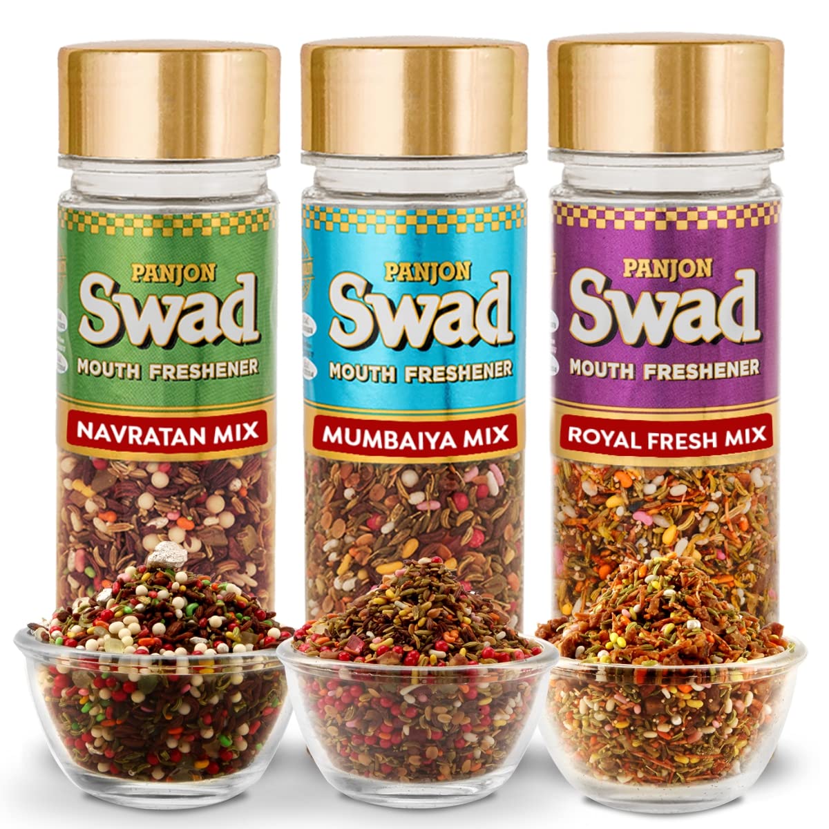 Panjon Swad Navratan Mix, Royal Fresh Mix & Mumbaiya Mix Mouth Freshener 390gm, (130gm *3 Bottles)