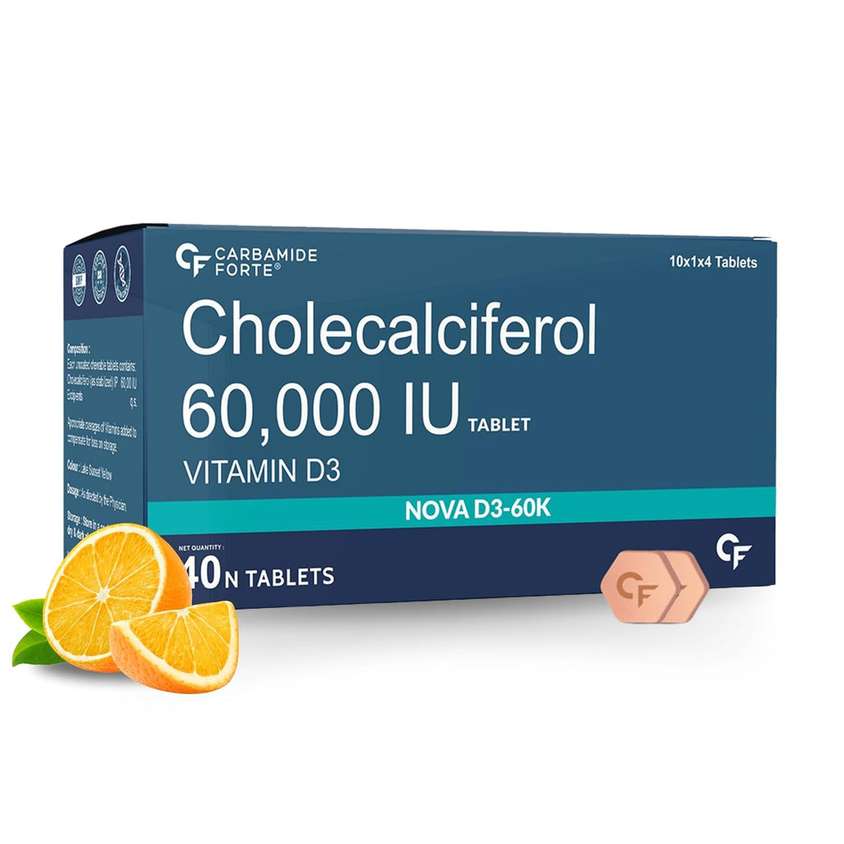 Carbamide Forte Vitamin D3 60000 IU - Chewable Cholecalciferol | High Potency Vitamin D, D3 Vitamin Supplement For Women & Men | Orange Flavour - 40 Tablets 100gm 0.2lbs