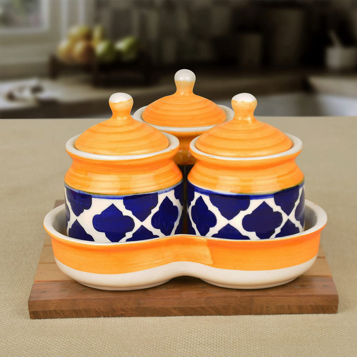 Hand Painted Ceramic Pickle Jar Set With Tray Set Of 3 - Blue & Yellow, 200ml Each | Condiment Set - Masala Container | Pickle & Chutney Jar Set For Dining Table