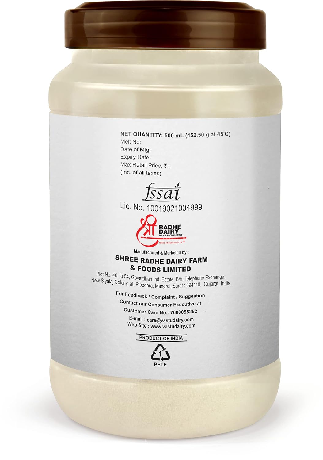 Pure Natural Gold Desi Ghee By Vastu | High I Protein Fiber Healthy Nutrients Desi Cow Ghee Good For Brain Health | (500ml) 16.9 Ounce | | Jar Pack