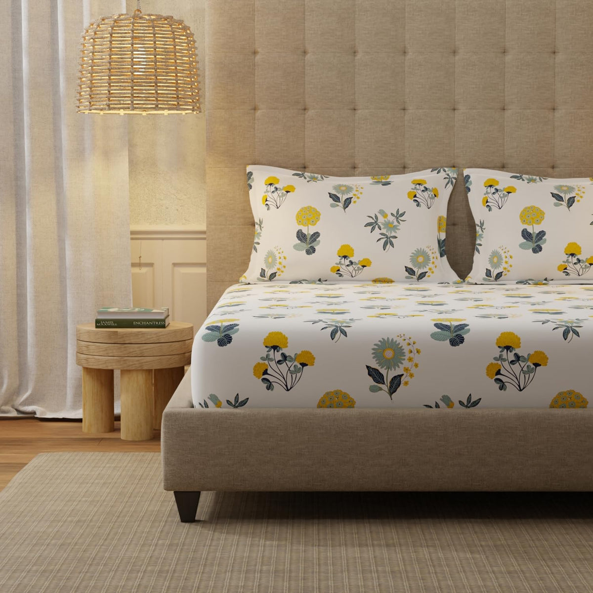 100% Cotton Bedsheet For King Size With 2 Matching Pillow Covers - 108 X 108 Inches, Off White & Yellow | Perfect Gifting Weddings, Or Anniversaries | All Season Comfort