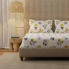 100% Cotton Bedsheet For King Size With 2 Matching Pillow Covers - 108 X 108 Inches, Off White & Yellow | Perfect Gifting Weddings, Or Anniversaries | All Season Comfort
