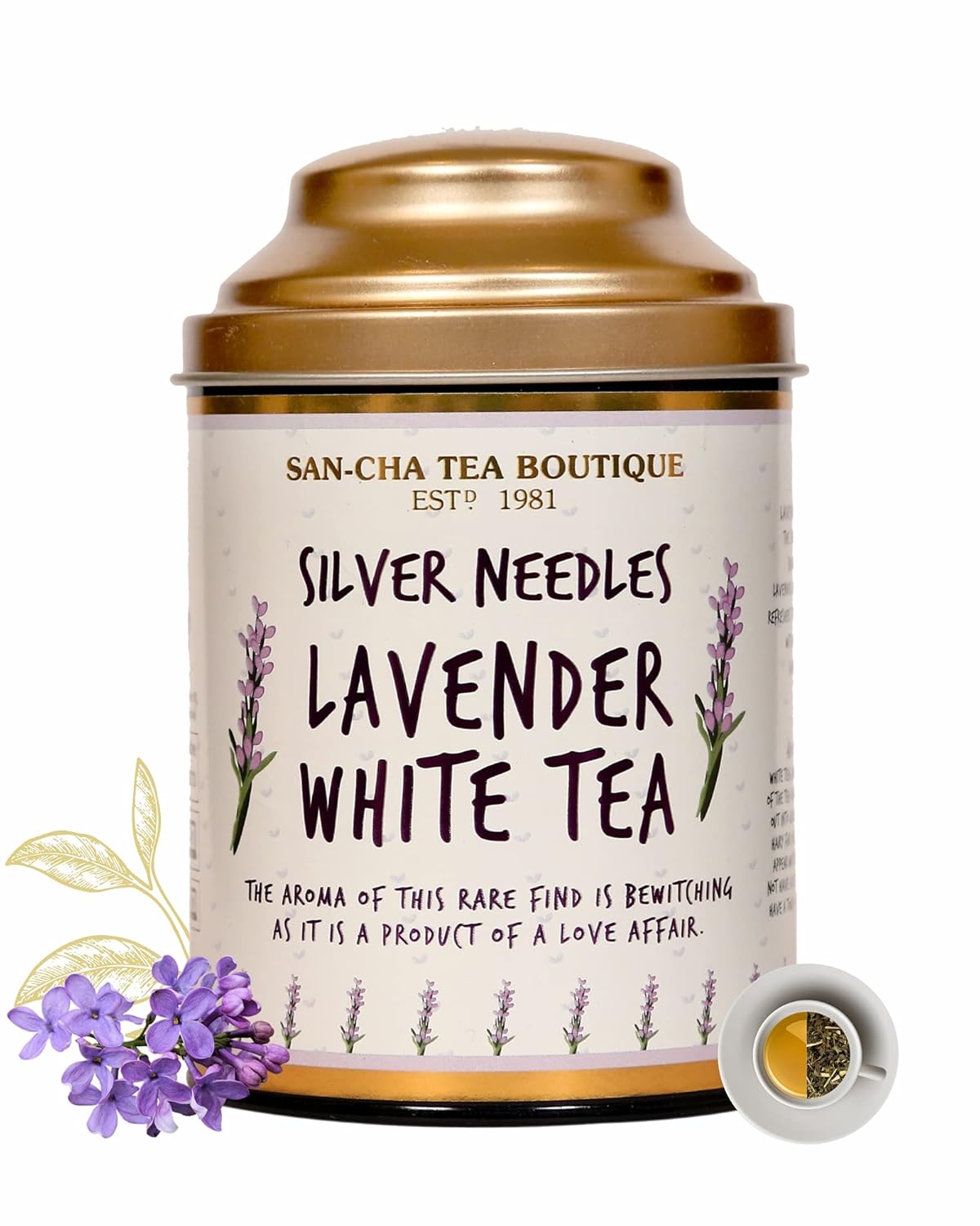 San-Cha Silver Needles Lavender White Tea - 75gm, 2.6 Ounce | Stress Relief & Cleansing, Supports Calmness - Low Caffeine, Richest In Antioxidants