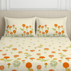 Double Bedsheet With 2 Pillow Covers (Size 88 X 100 Inch) Cream | Breathable Pure Cotton Queen Size Bedsheet | Floral Design Bedsheet