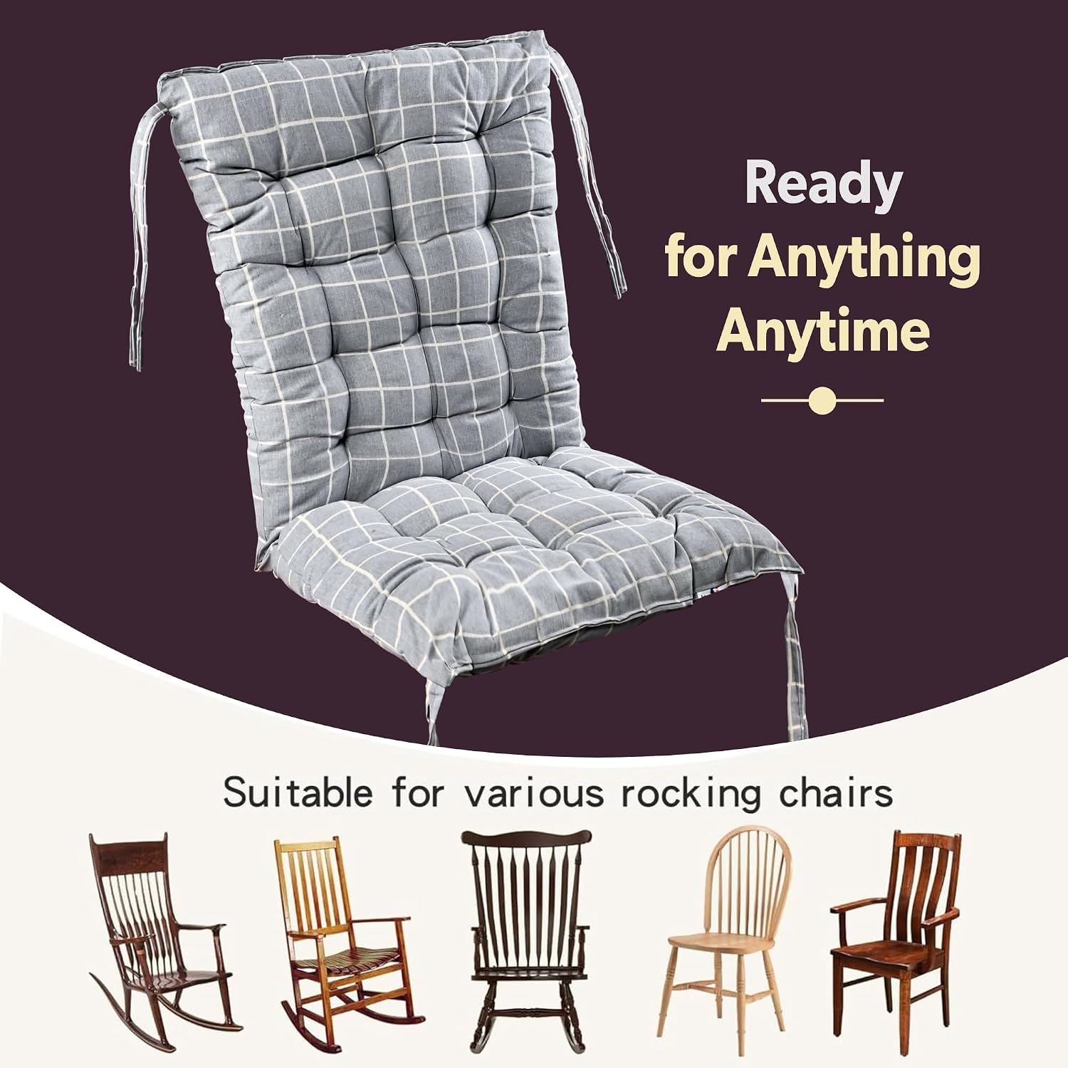 Long Comfortable Rocking Chair Cushion With Ties, Check Printed - Grey - 18 X 36 Inch | Back Rest & Seat Cushions Chair Pad, For Rocking Chairs | Chair Cotton Cushion For Office & Home Use