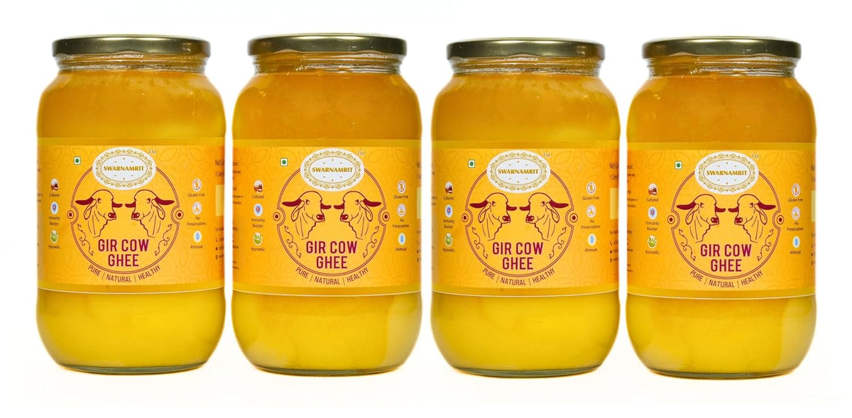 100% Natural A2 Bilona Gir Cow Ghee By Swarnamrit | Traditional Bilona Method Healthy Pure Desi Ghee Good For Cooking & Frying | 4 Litre (1 Litre * 4) 135.2 Ounce | Jar Pack
