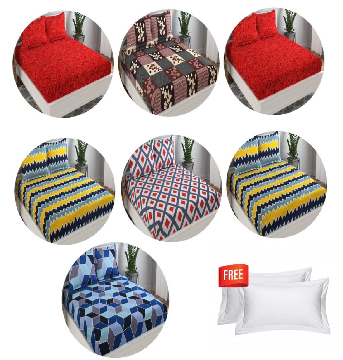 Printed Double Bedsheets King Size With 14 Matching Pillow Covers - 90 X 90 Inches, Multicolor | 140 Thread Count - Ideal For House, Bedroom, Hotel, Guest House | Pack Of 7