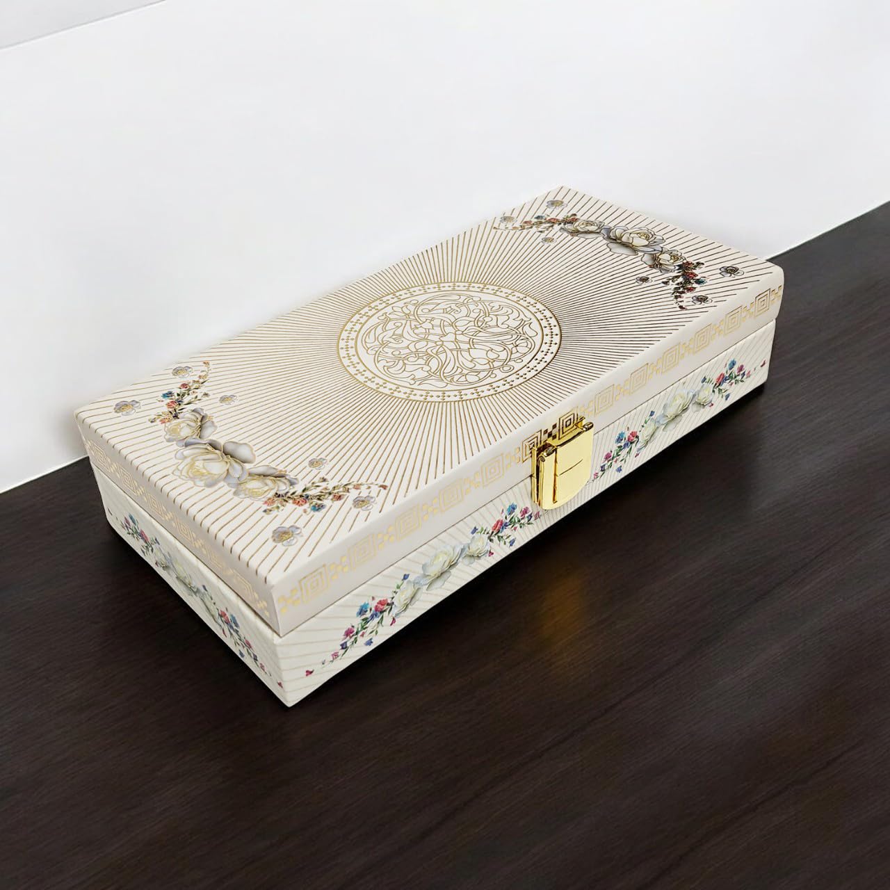 Floral Design Gold Printed Matt Touch Mgi Floral Decorative Box, Wedding Fancy Shagun Cash Box, Jewellery Box, Money Box, Gaddi Box, Colour - White, Style - Traditional