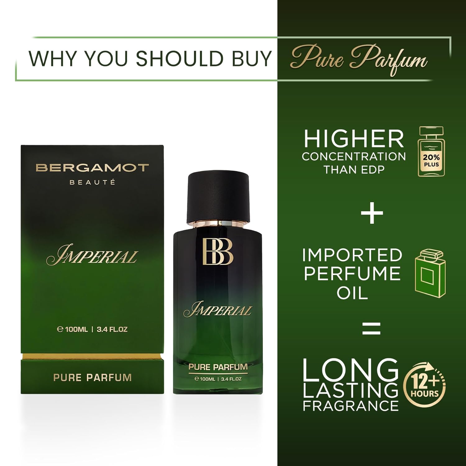 Bergamot Beaute Imperial Pure Parfum 100ml 3.4 Fl.oz. | 12+ Hrs Long Lasting Perfume For Men | Higher Concentration Than EDP