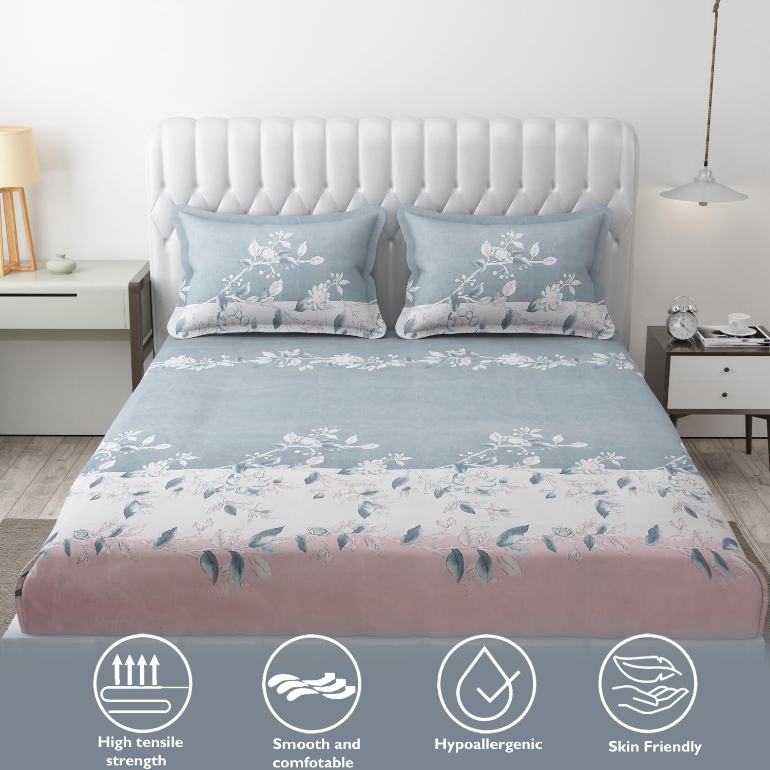 1 Elastic Fitted Bedsheet For King Size & 2 Pillow Covers - 78 X 72 Inches, Pink & Grey | Elegant Floral Print Design & Skin-Friendly