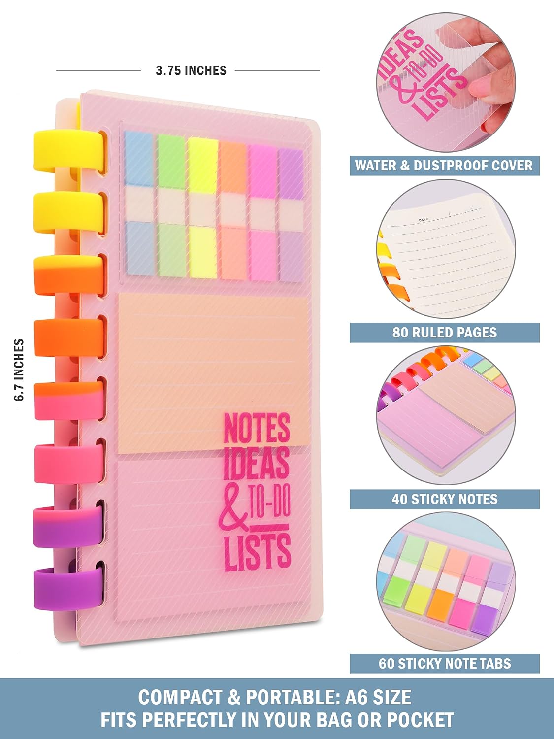 Spiral Notebook Diary With Sticky Notes & Page Markers | 80 Ruled Pages | Ideal For School