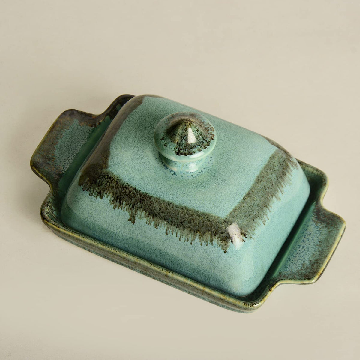 Studio Pottery Ceramic Butter Dish With Lid - Sea Green, Height: 8 Cm | Butter Pot - Butter Container For 500 Gm