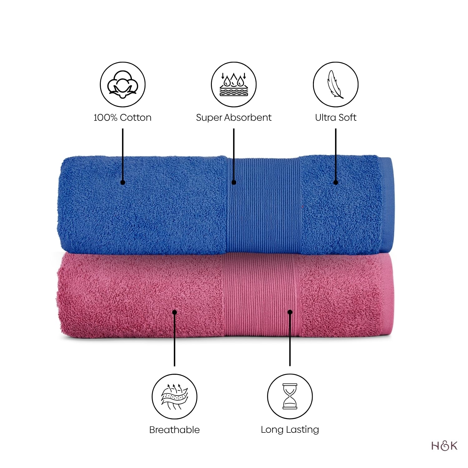 Haus & Kinder Harmony Combed Bath 1800 Gsm | Ultra Soft, Super Absorbent 100% Cotton Towels For Bathroom, Gym, Travel, Sports & Yoga | Cobalt & Mulberry (Pack Of 6)