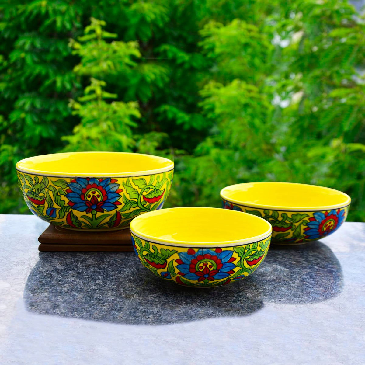 Hand Painted Ceramic Dinner Big Serving Bowls Set Of 3 - Yellow & Multicolor, 1200ml, 1000ml & 800ml | Stackable Kitchen Bowls Set - Mixing Bowls Set