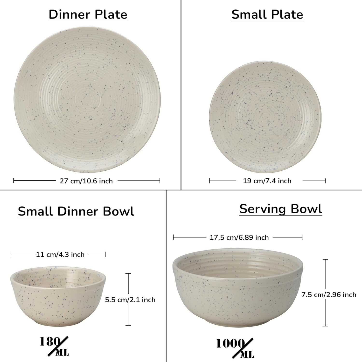 Handcrafted Ceramic Stoneware Dinner Set Of 14 Pieces With Serving Bowl Set - Ivory White | 4 Dinner Plates + 4 Small Plates + 4 Dinner Bowl, 180ml Each+ 2 Serving Bowl, 1000ml Each | Microwave Safe