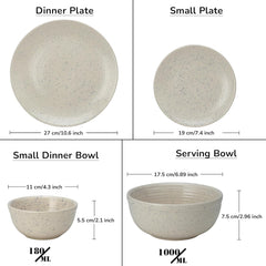 Handcrafted Ceramic Stoneware Dinner Set Of 14 Pieces With Serving Bowl Set - Ivory White | 4 Dinner Plates + 4 Small Plates + 4 Dinner Bowl, 180ml Each+ 2 Serving Bowl, 1000ml Each | Microwave Safe