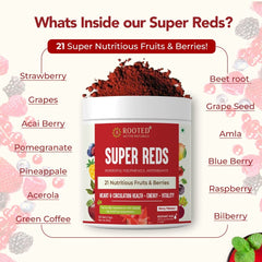 Rooted Actives Super Reds , 21 Nutritious Fruits, Berries & Stevia , No Added Sugar | Rich In Antioxidants, Flavonoids & Polyphenols , Heart, Circulation Health, Energy & Vitality | 250gm 0.5lbs