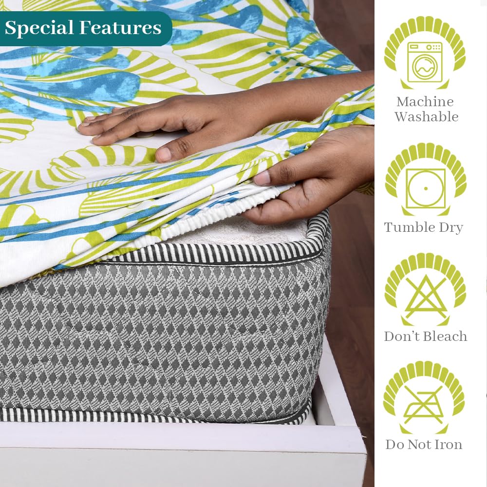 Super Soft Single Fitted Bedsheet With 1 Pillow Cover | 57 X 78 + 6 Inches, White & Green - Perfect For Use In Bedrooms, Guest Rooms, Dormitories
