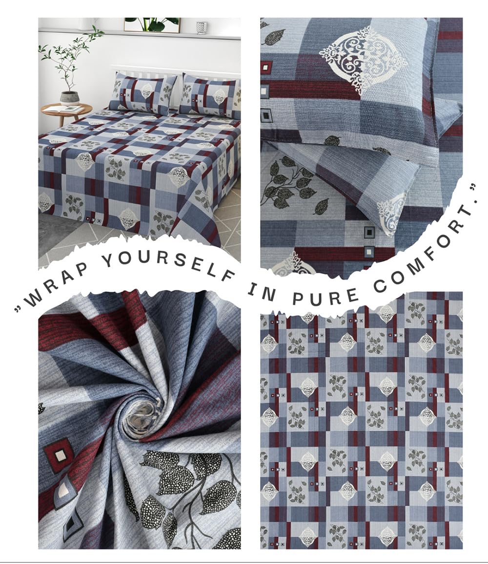 100% Pure Cotton Double Bedsheet With 2 Pillow Covers - 90 X 90 Inches, Blue & White | Soft, Breathable & Skin-Friendly Fade Resistant Double Bedsheet