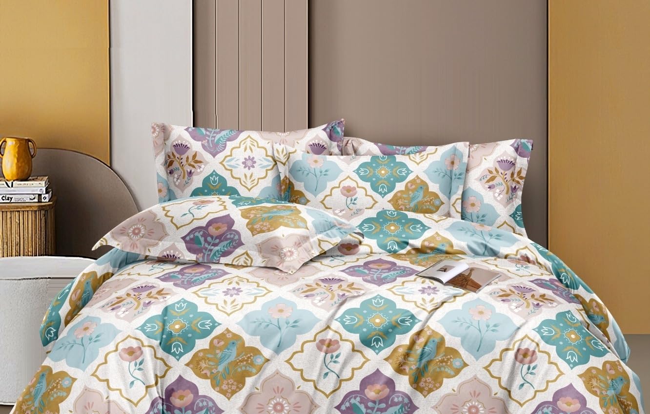 Bedsheet For Queen Size With 2 Pillow Covers - 60 X 78 Inches, Multicolor | Soft & Skin-Friendly Fabric | All Around Elastic Fitted Bedsheet