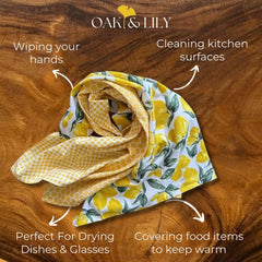 Oak & Lily 100% Cotton Kitchen Napkins Dish Towels 350 Gsm | Premium European Quality Washable, Large Size Kitchen Cloth For Roti, Cleaning, Drying | Lemon Yellow Print (Set Of 3)