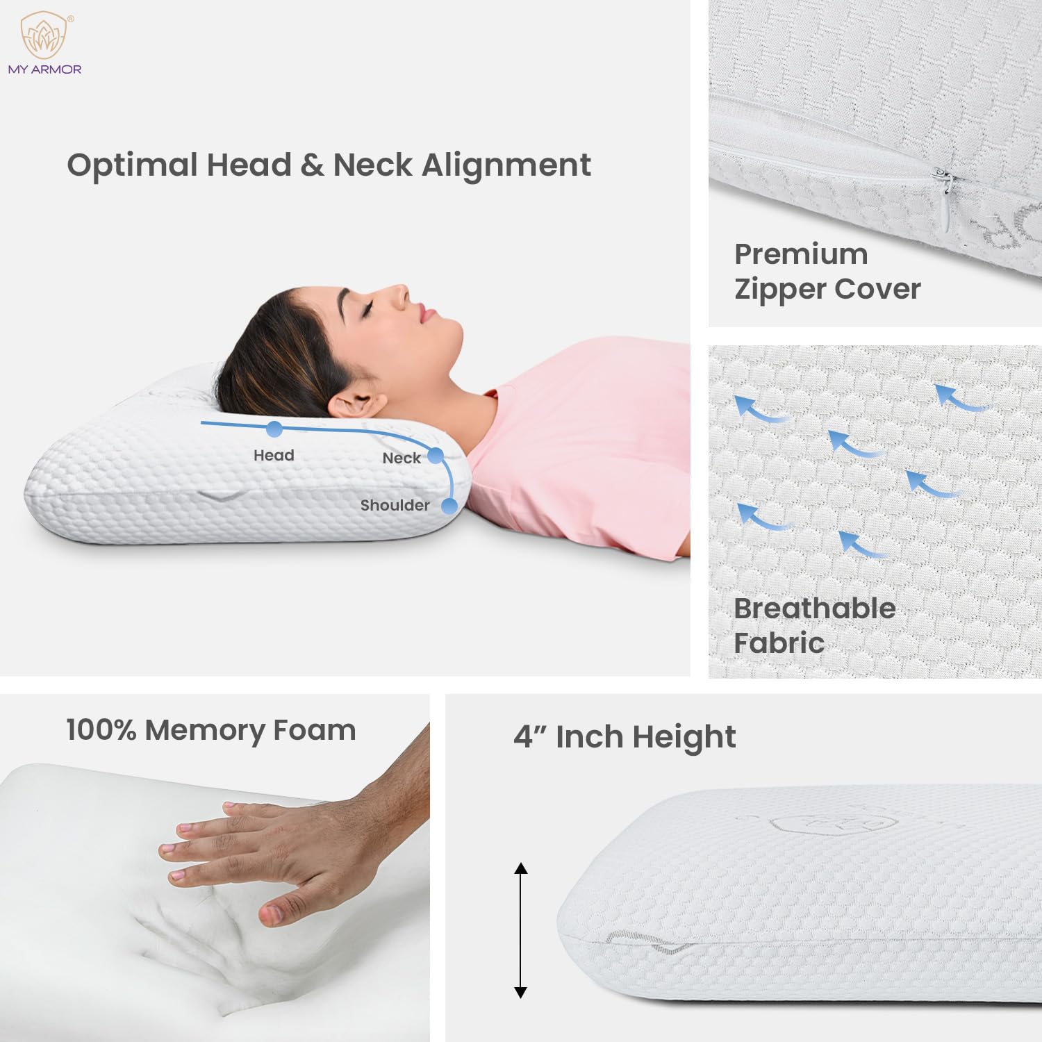 Memory Foam Pillow For Neck & Shoulder Pain, White, Standard Size - 4 Inch | Washable Zipper Cover, Cooling, Lightweight, Adjustable, Compressible, Removable Cover Pillow - Pack Of 1