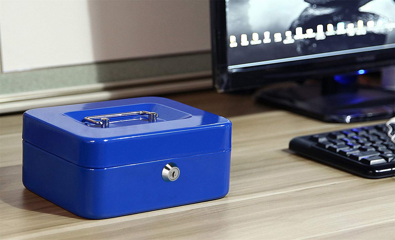Locking Medium Steel Cash Box With Money Tray, Lock Box, Colour - Blue, Material - Alloy Steel, Special Feature