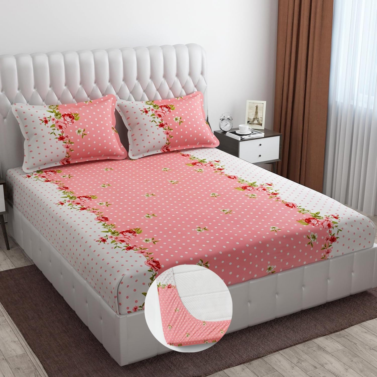 Elastic Fitted Double Bedsheets For King Size With 2 Pillow Covers - 72 X 78 X 10 Inches, White & Peach | Premium Heavy Cotton All Around Elastic Fitted | Ideal For Hotel, Home, Bedroom