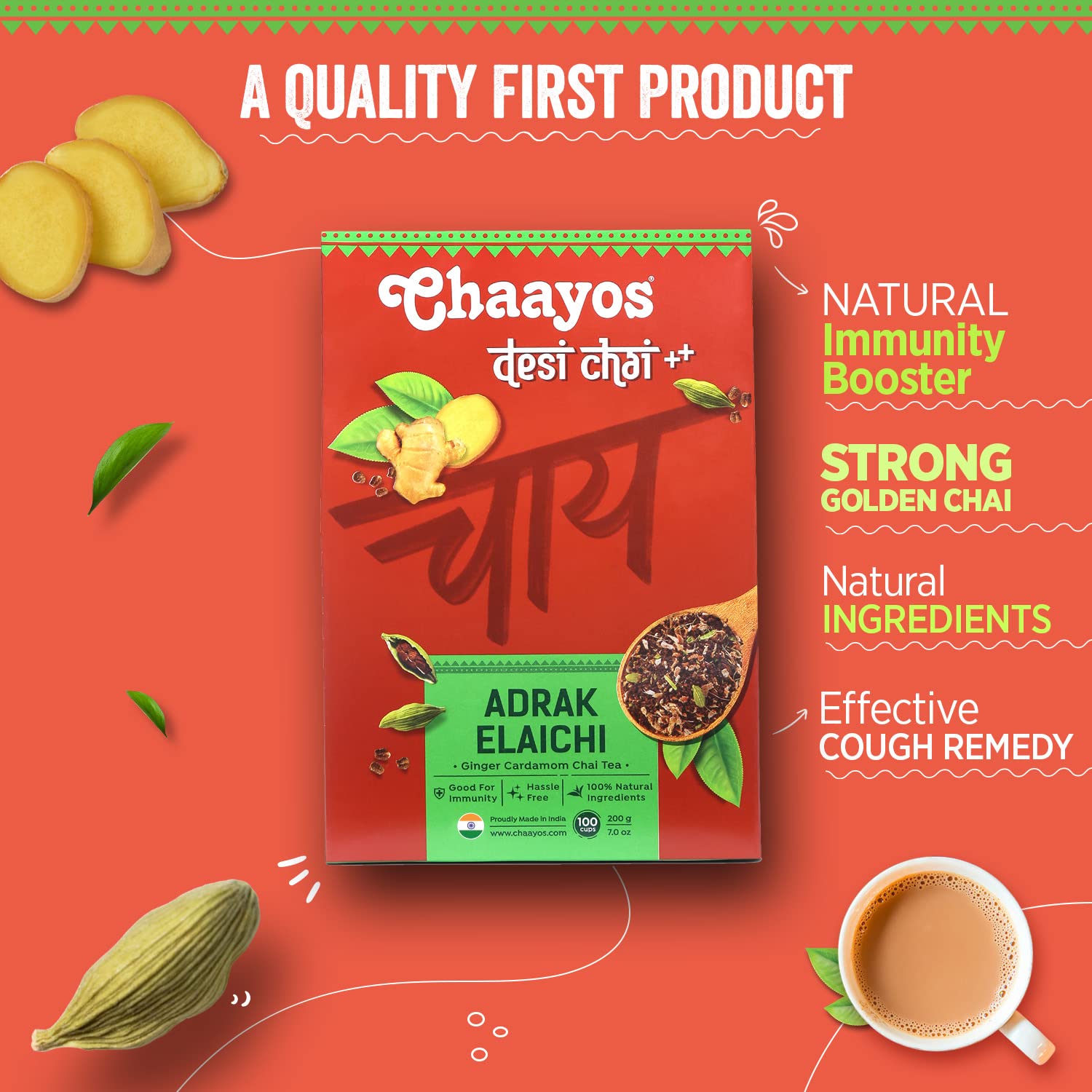 Chaayos Adrak Elaichi Desi Chai - 300gm, 10.5 Ounce, 150 Cups | Ginger & Cardamom Tea - Premium Desi Chai Patti For Authentic Masala Flavour | Immunity Booster - Medium Caffeine