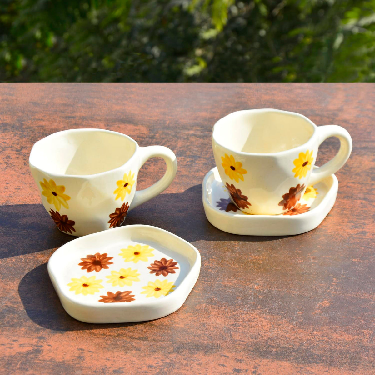 Hand Painted Ceramic Cup & Saucer Set Of 2 - Yellow & Brown, 250ml Each | Microwave Safe Tea Cups & Mugs - Chai Cups & Plates