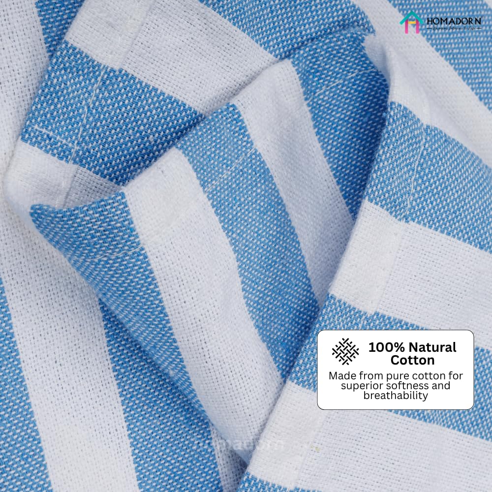 Homadorn 100% Cotton Striped Fouta Bath Towels 350 Gsm | Soft Quick Dry & Absorbent Hand-Knotted Tassels | Turkish Hamam Towel (Blue- White)