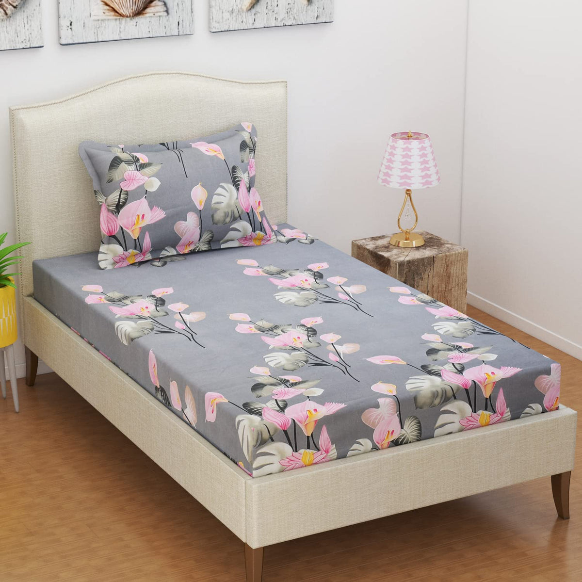 1 Single Bedsheet With 1 Pillow Cover - 58 X 88 Inches, Grey & Pink | Super Soft Premium Brushed Microfiber Bedsheet, Breathable & Wrinkle Free