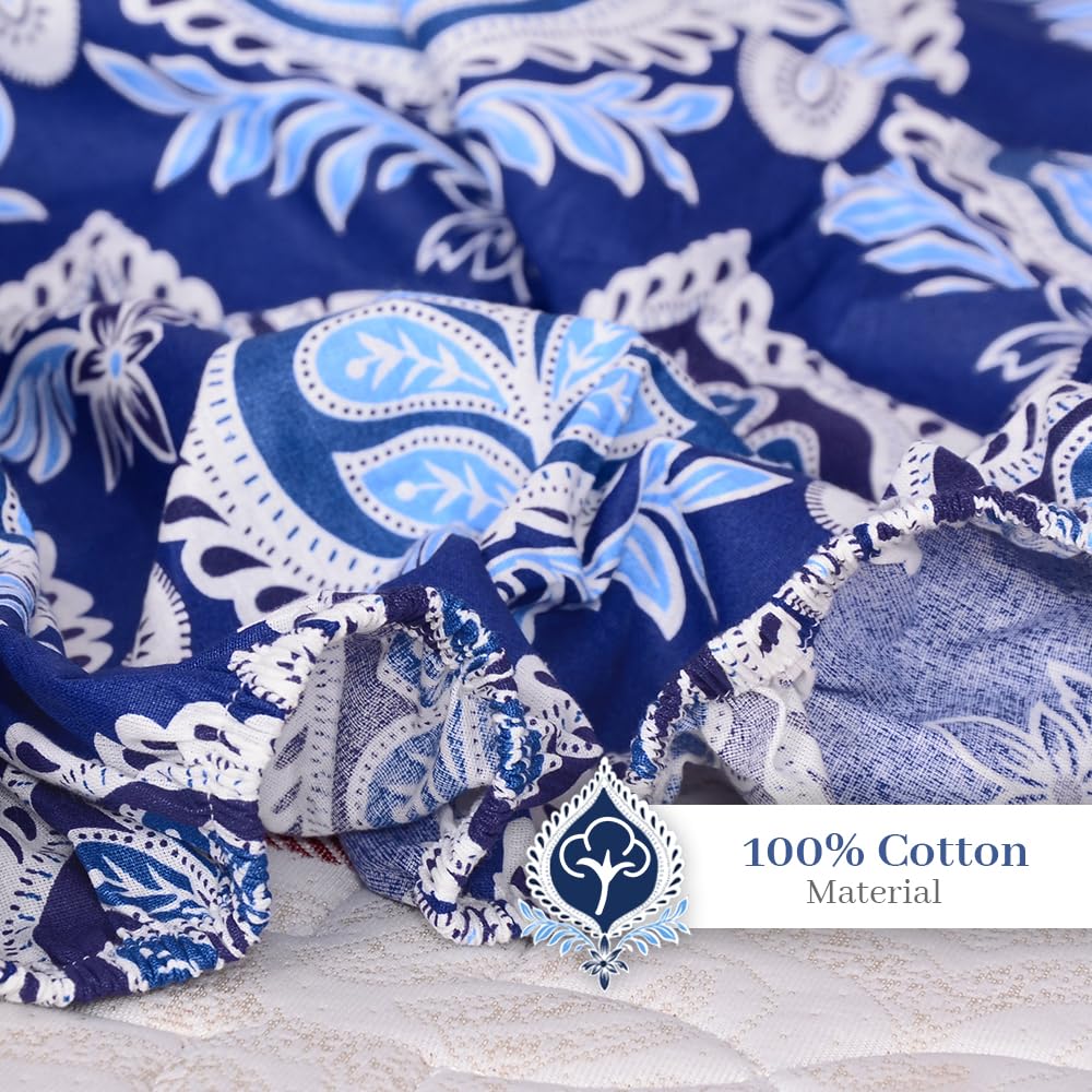 Super Soft Single Fitted Bedsheet With 1 Pillow Cover | 57 X 78 + 6 Inches, Blue & White - Perfect For Use In Bedrooms, Guest Rooms, Dormitories