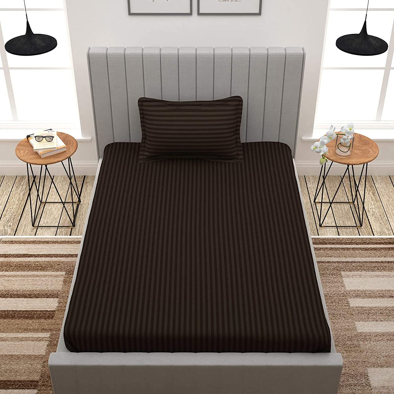 Bedsheet Single Size Elastic Fitted With 1 Pillow Cover - 48 X 72 X 8 Inches, Brown | Soft Touch To Skin | Perfect Ideal For House, Hotel, Guest House Bedsheet