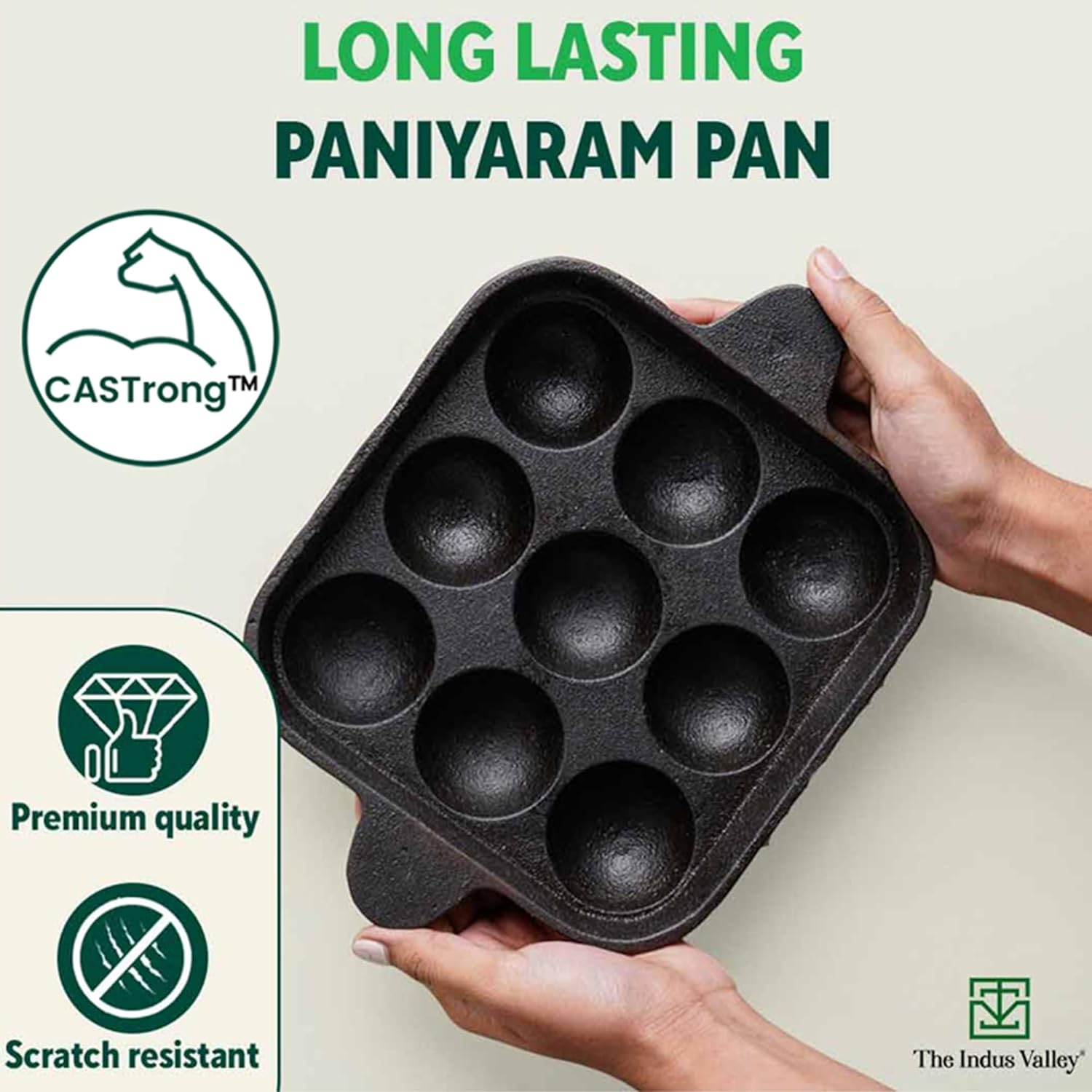 Pre-Seasoned Black Cast Iron Square Paniyaram Pan - 9 Pits, 24cm, 9.4 Inch, 1.3 Kg | Induction Friendly - Naturally Nonstick Appe Or Paddu Pan, 100% Pure & Toxin-Free, No Chemical Coating