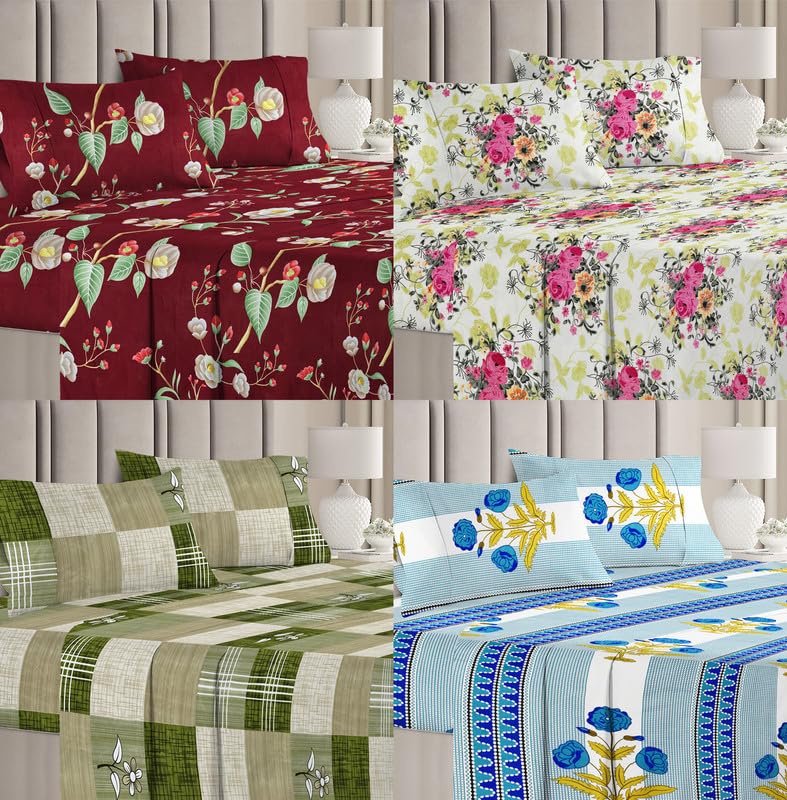 Combo 4 Double Bedsheet With 8 Pillow Covers - 85 X 86 Inches, Multicolor | Fade Resistant & Durable Breathable & Wrinkle Free Bed Sheet